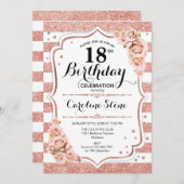 18誕生日-バラ金ゴールド白ストライプ色 招待状 (正面/裏面)