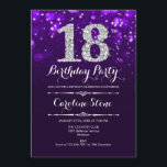 18誕生日 – パープルシルバー 招待状<br><div class="desc">18誕生日招待状。紫エレガント白デザインとグリッター銀フェイク。大人の誕生日。ダイヤモンドとスクリプトフォントを特徴とする男性または女性の日招待状。誕生日パーティスタイリッシュに最適。メッセージもしの詳細なカスタマイズが必要。</div>