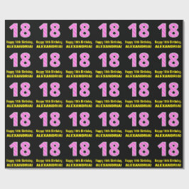 18誕生日：ピンクストライプのハートと18" +名前 ラッピングペーパー