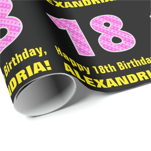 18誕生日:ピンクストライプのハートと18" +名前 ラッピングペーパー (ロールコーナー)