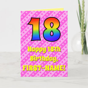 18誕生日:ピンクストライプのハート、レインボー# 18 カード