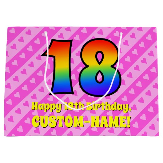 18誕生日:ピンクストライプのハート、レインボー# 18 ラージペーパーバッグ (正面)