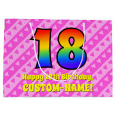 18誕生日:ピンクストライプのハート、レインボー# 18 ラージペーパーバッグ (裏面)