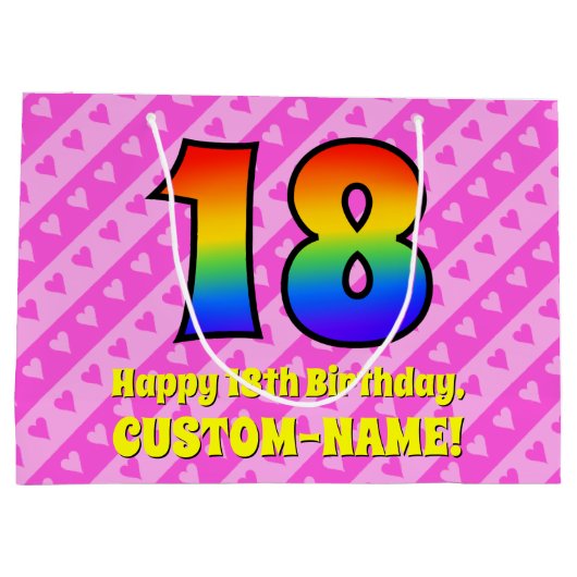 18誕生日:ピンクストライプのハート、レインボー# 18 ラージペーパーバッグ (裏面)