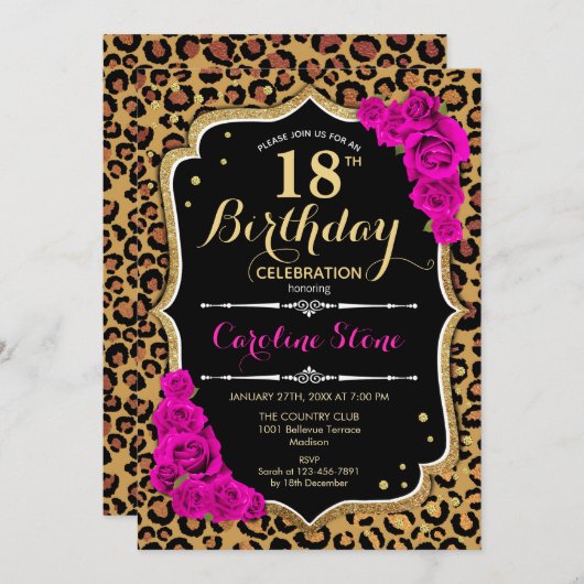 18誕生日 – ピンクローズヒョウ印刷 招待状 (正面/裏面)