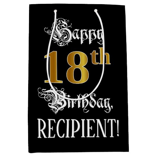 18誕生日～ファンシースクリプト；フェイク金ゴールド検索；名前 ミディアムペーパーバッグ (正面)