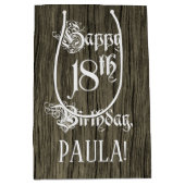 18誕生日: ファンシー, フェイク Wood Look +名前をカスタムする ミディアムペーパーバッグ (正面)