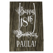 18誕生日: ファンシー, フェイク Wood Look +名前をカスタムする ミディアムペーパーバッグ (裏面)