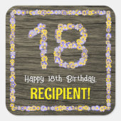18誕生日:フローラ番号フェイク、木目、名前 スクエアシール (正面)