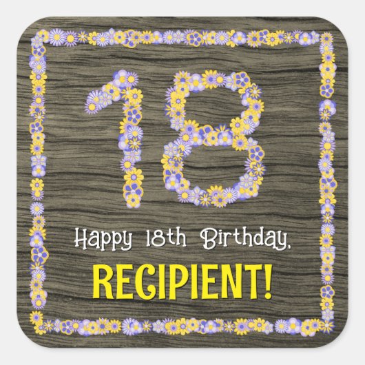 18誕生日:フローラ番号フェイク、木目、名前 スクエアシール (正面)