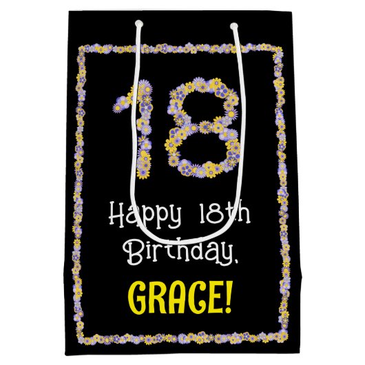 18誕生日:フローラ花数名前をカスタムする ミディアムペーパーバッグ (裏面)