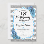18誕生日 – ブルーシルバーホワイトストライプズ 招待状 (正面)