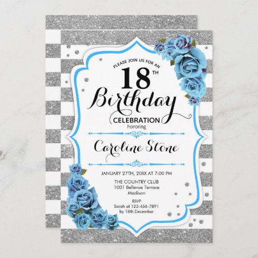 18誕生日 – ブルーシルバーホワイトストライプズ 招待状 (正面/裏面)