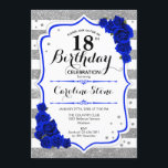 18誕生日 – ブルー王室のシルバーホワイトストライプズ 招待状<br><div class="desc">18誕生日招待状。エレガントグリッター銀フェイク白と青のデザイン王室の。スクリプトスタイリッシュフォート、ストライプバラ、および青色の機能。エレガントな誕生日パーティーに最適。どんなカスタマイズ年齢にも入る事ができる。</div>