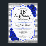 18誕生日 – ブルー王室のシルバーホワイトストライプズ 招待状<br><div class="desc">18誕生日招待状。エレガントグリッター銀フェイク白と青のデザイン王室の。スクリプトスタイリッシュフォート、ストライプバラ、および青色の機能。エレガントな誕生日パーティーに最適。どんなカスタマイズ年齢にも入る事ができる。</div>