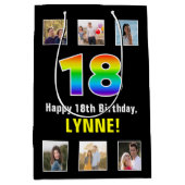 18誕生日：レインボー「18」、写真カスタムと名前 ミディアムペーパーバッグ (正面)