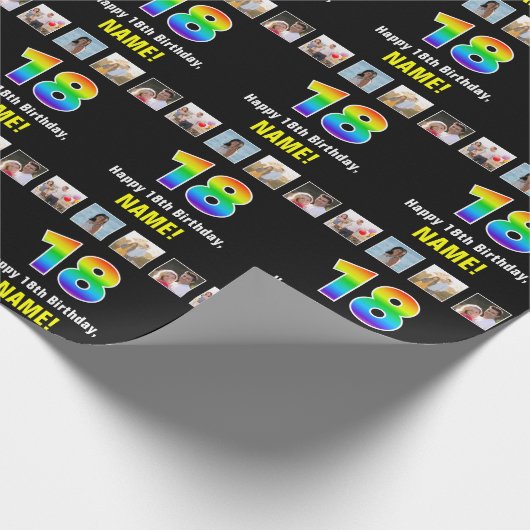 18誕生日:レインボー「18」、写真カスタムと名前 ラッピングペーパー (角)
