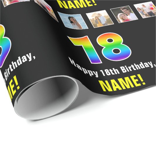18誕生日:レインボー「18」、写真カスタムと名前 ラッピングペーパー (ロールコーナー)
