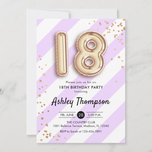 18誕生日 – 紫ののストライプ金ゴールドバルーン 招待状 (正面)