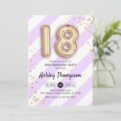 18誕生日 – 紫ののストライプ金ゴールドバルーン 招待状 (スタンド正面)