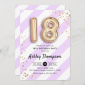 18誕生日 – 紫ののストライプ金ゴールドバルーン 招待状 (正面/裏面)