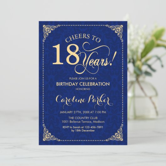 18誕生日-金ゴールドネイビーブルーダマスク 招待状 (スタンド正面)