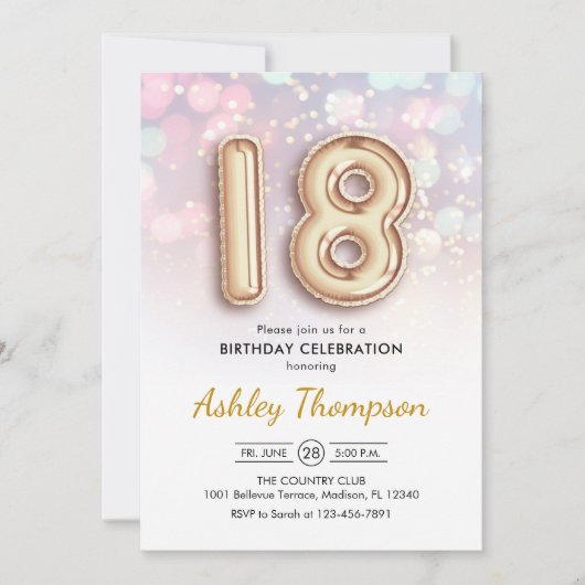 18誕生日-金ゴールドバルーンPink Lights 招待状 (正面)