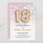 18誕生日-金ゴールドバルーンPink Lights 招待状 (正面/裏面)
