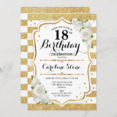 18誕生日-金ゴールドホワイトストライプバラ 招待状 (正面/裏面)