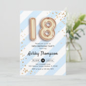 18誕生日 – 青いのストライプ金ゴールドバルーン 招待状 (スタンド正面)