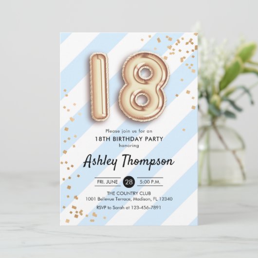 18誕生日 – 青いのストライプ金ゴールドバルーン 招待状 (スタンド正面)