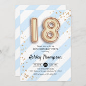 18誕生日 – 青いのストライプ金ゴールドバルーン 招待状 (正面/裏面)
