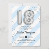 18誕生日 – 青ストライプ色と銀の風船 招待状 (正面)