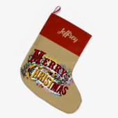 1800年代ヴィンテージメリークリスマス | カラフル ラージクリスマスストッキング (正面 (吊り時))