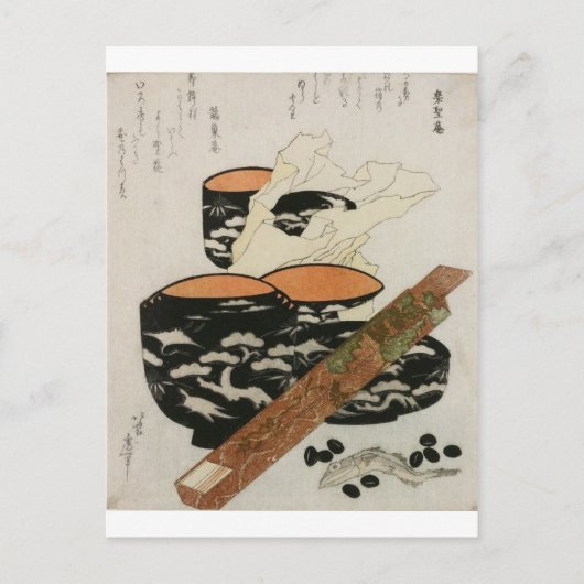 1800日本の年代の食器と魚 ポストカード (正面)