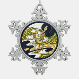 1800sクレーンとオダマキ（植物）パネルからのクレーンタイル スノーフレークピューターオーナメント