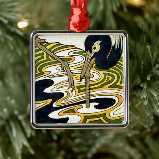 1800sクレーンとオダマキ(植物)パネルからのクレーンタイル メタルオーナメント (ツリー)