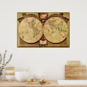 1808年キャプテン調理師複半球ワールドマップ ポスター (キッチン)