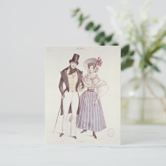 1830年の男性と女性のファッション ポストカード (スタンド正面)