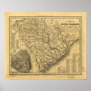 1833サウスカロライナの鉄道と船舶のルートの地図 ポスター