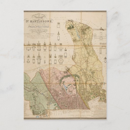 1834年の聖メリルボーンの州の地図（ロンドン） ポストカード (正面)