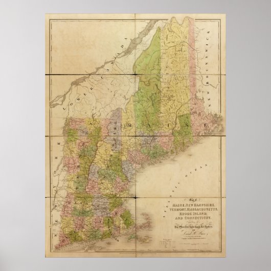 1839メイン&ニューイングランド州の地図 ポスター (正面)