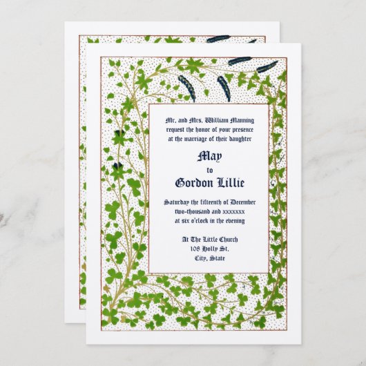 1845ビクトリアン年つる植物&クローバー結婚リーフ 招待状 (正面/裏面)