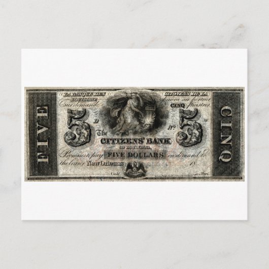 1850ニューオーリンズ5ドル紙幣 ポストカード (正面)