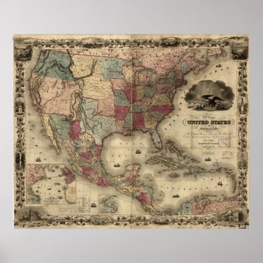 1850年アメリカ合衆国の地図 ポスター (正面)