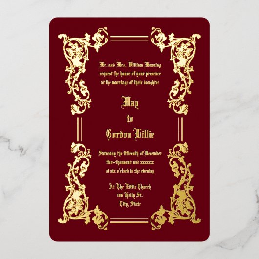 1851ビクトリアン年縁どのエレガントフローラ結婚の 箔招待状 (正面)