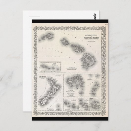 1855年コルトンによるハワイとニュージーランドの地図 ポストカード (正面/裏面)