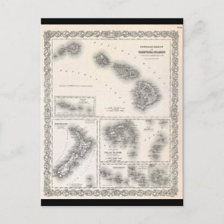 1855年コルトンによるハワイとニュージーランドの地図 ポストカード