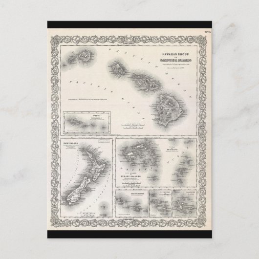 1855年コルトンによるハワイとニュージーランドの地図 ポストカード (正面)
