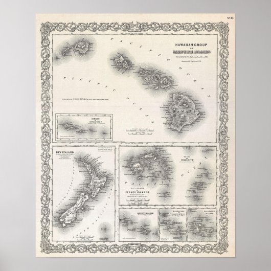 1855年コルトンハワイとニュージーランドの地図 ポスター (正面)